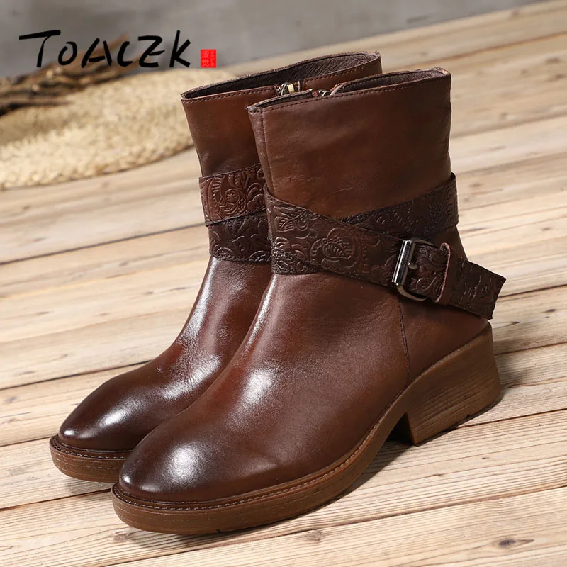 

Autumn winter new Martin boots female genuine leather vintage chunky heel short boots printing round head single boots