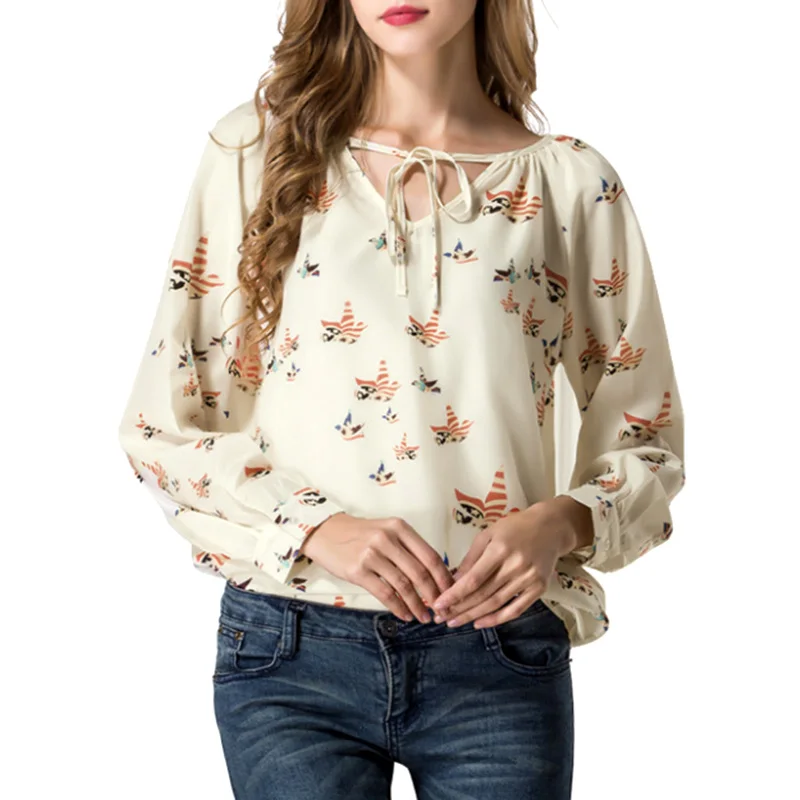 

V Lacing Long Women Collar Women Casual Autumn Flying Spring Autumn Print Floral Fashion Blouses Chiffon loose Pigeons Tether