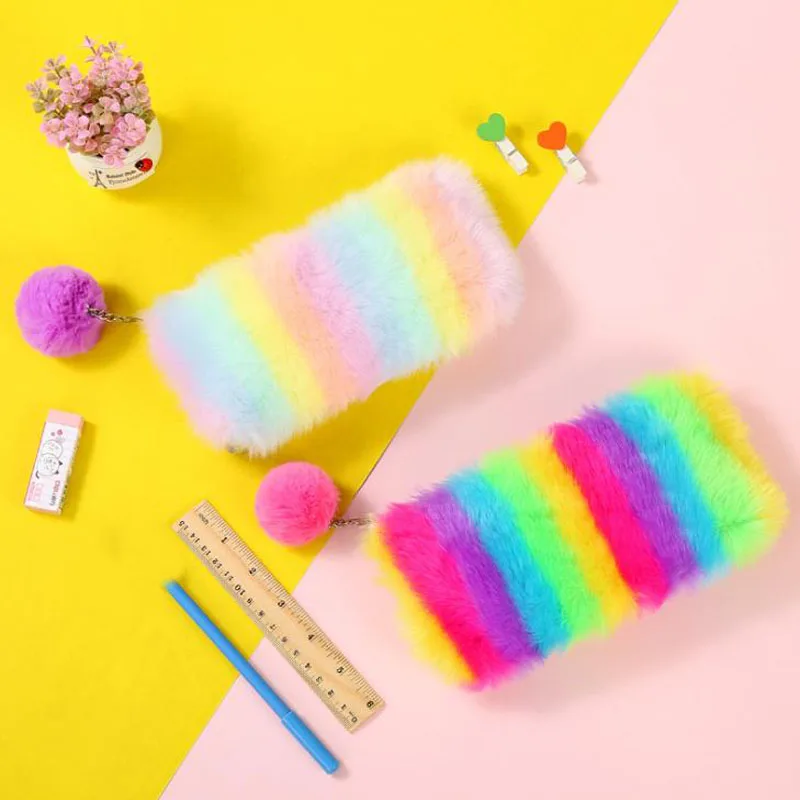 

1 Pcs Lovely Rainbow Color Plush Pencil Case Cute Pencil Pouch Zipper Hair Ball Pencil Bags Kids Girls Gift School Stationery