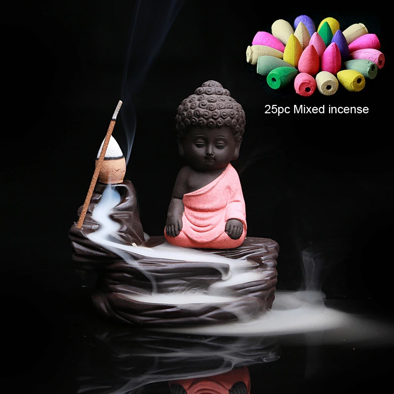

Red Tathagata Buddha Incense Holder Yixing Ceramic Backflow Incense Burner Stick Incense Censer Retro Tea Pet With 25pcs Incense
