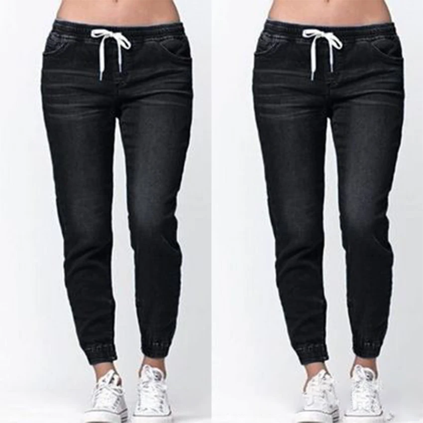 

Solid Elastic Waist Loose Jeans Women Casual Drawstring Pockets Softener Harem Pants Female Simple Wild Summer Sexy Jeans Ladies