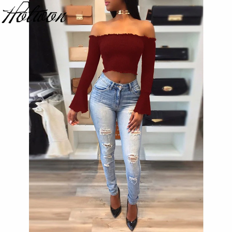

2017 Autumn Sexy Party Strapless Off Shoulder Stripe T Shirt Slim Long Sleeve Solid Color T-shirt Simple Elegant Tops
