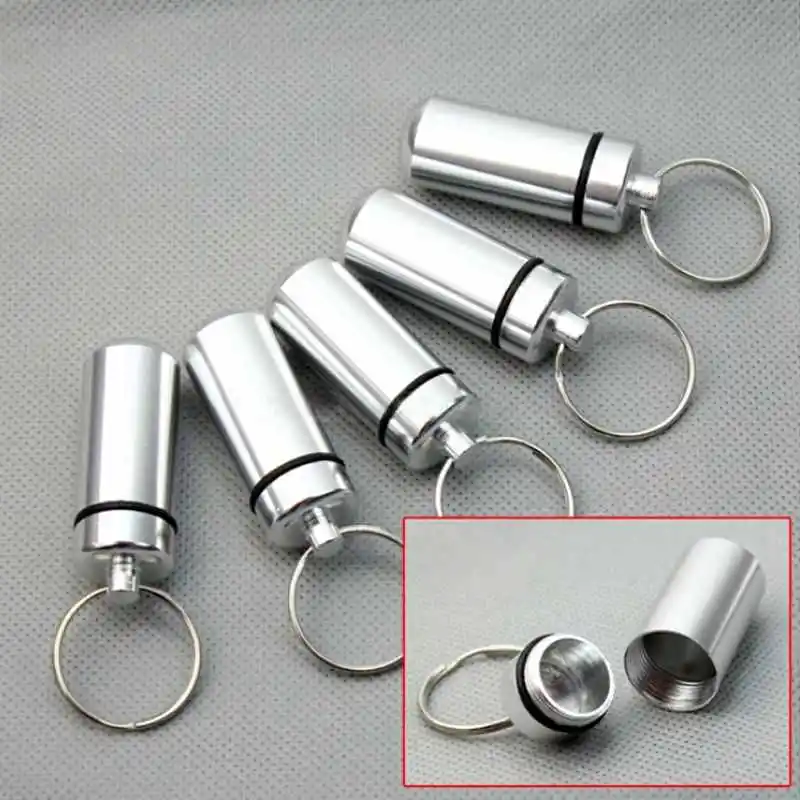 5x Silver Aluminum PILL Box Keychain Medicine Container Waterproof Key