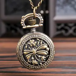 Маленькие бронзовые Кварцевые часы с узором Стрекозы с белой поверхностью ретро карманные часы с necklace ем