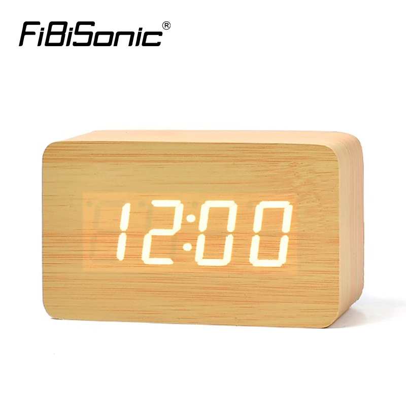 FiBiSonic Wood Alarm Clocks With Thermometer ,Sound Control Wooden LED