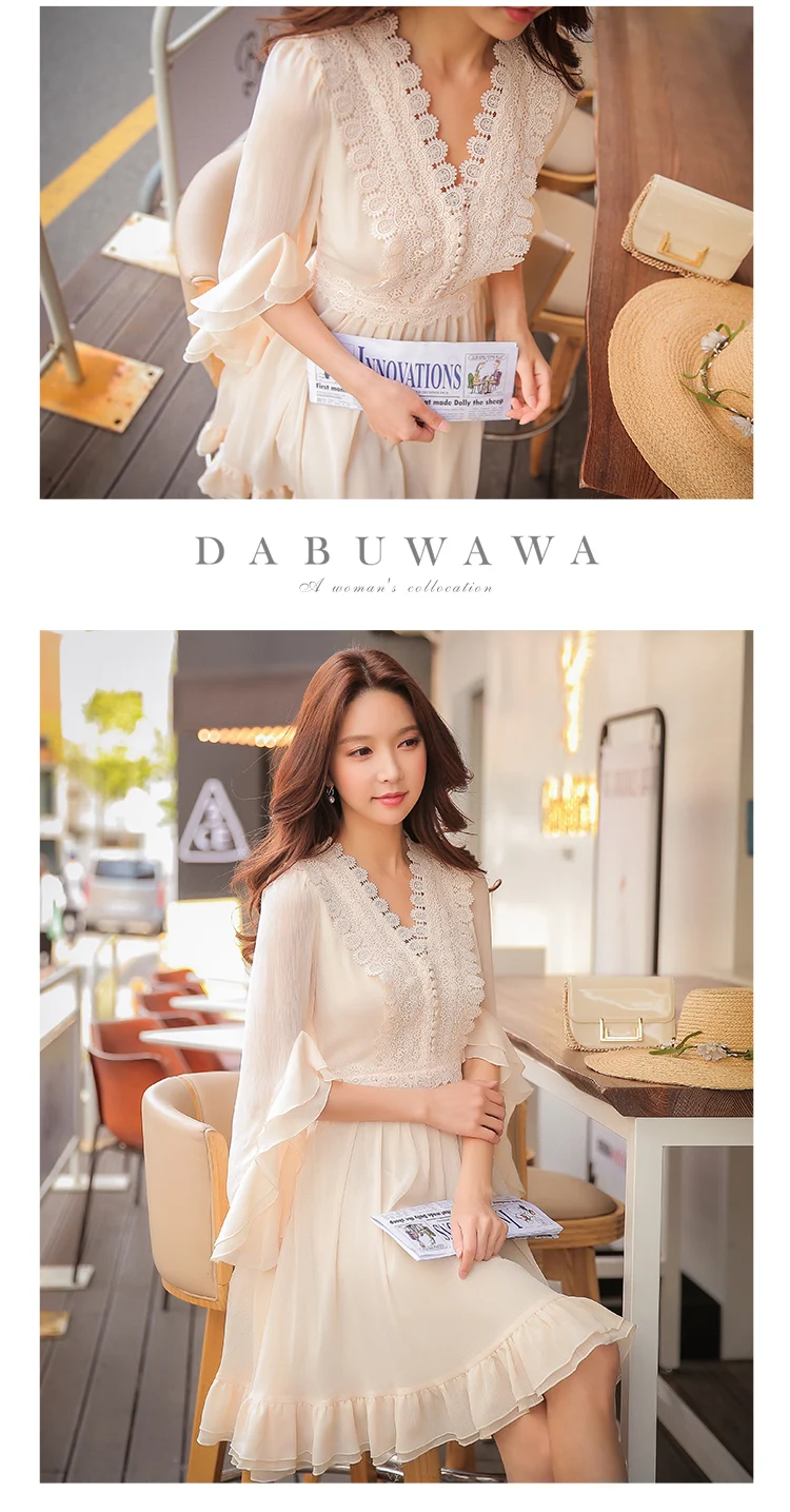 Dabuwawa весеннее шифоновое платье с v-образным вырезом и оборками, новинка, винтажное платье миди с расклешенными рукавами для девочек и женщин D18CDR060