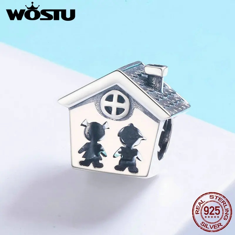 WOSTU 100% Pure 925 Sterling Silver Openwork Boy and Girl Loving Home Family Beads for Women Charm Bracelet Warm Gift BKC538