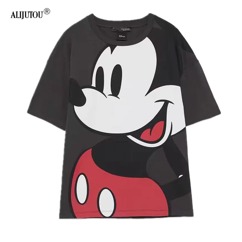 

zaraing Mickey print women tops hip hop casual funny Mickey Mouse T-Shirt Women Cotton Leopard Print loose Female Tshirt tops