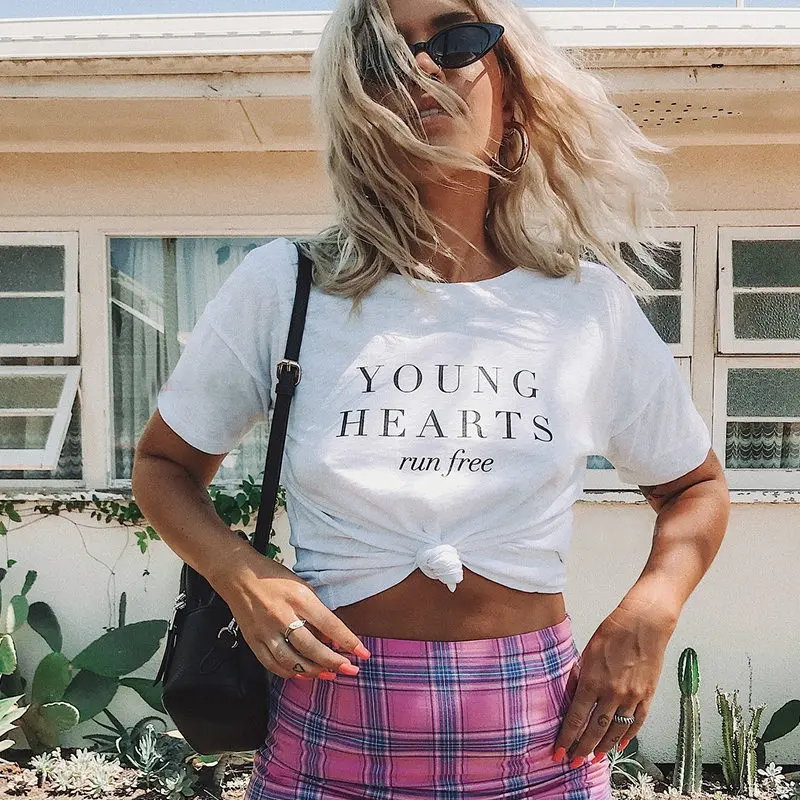 Женская футболка young hearts run free хлопковая Повседневная забавная Футболка для леди