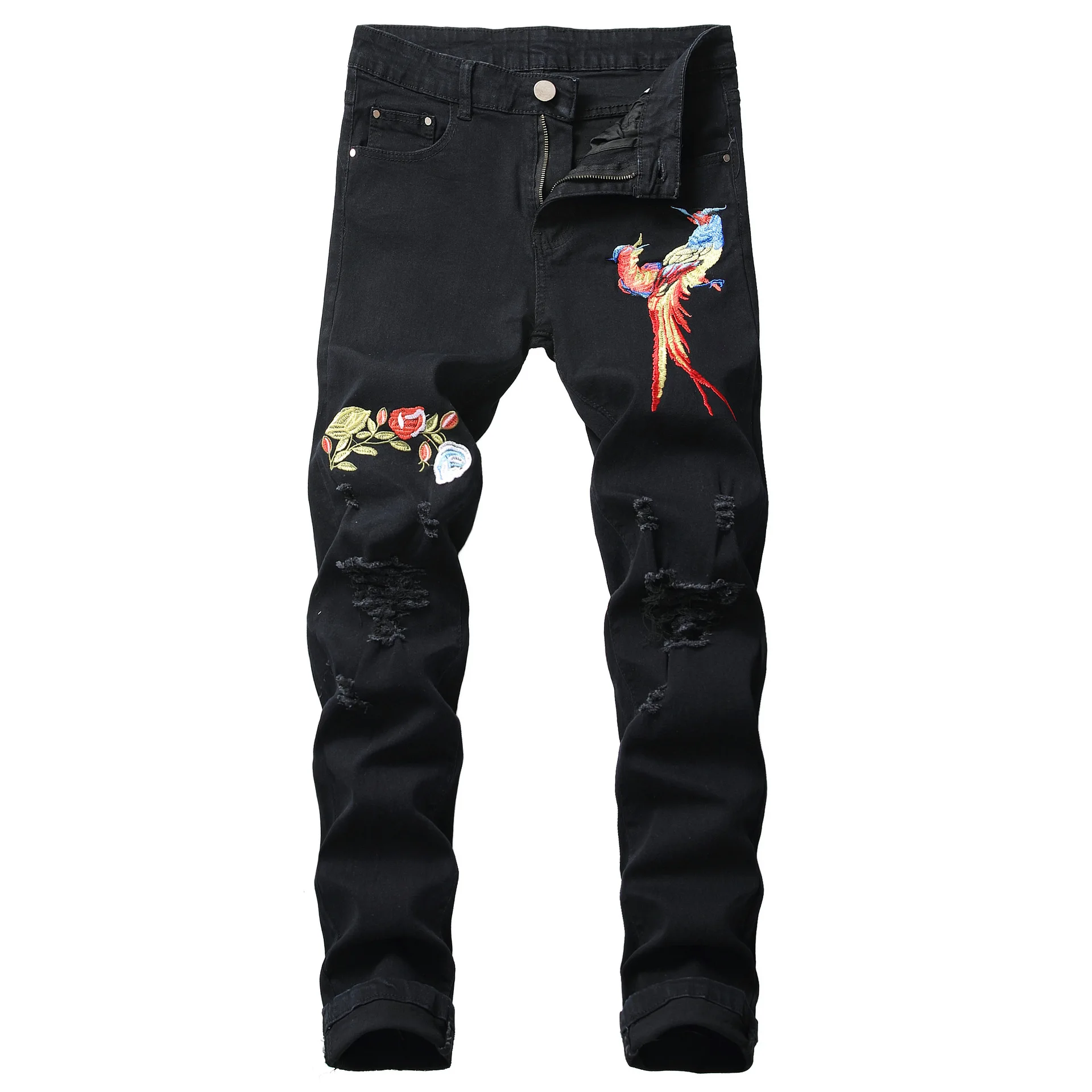 

Chinese style embroidery Mens hole Slim Pencil black jeans fashion male elastic Jeans streetwear Distressed Men Denim Pants