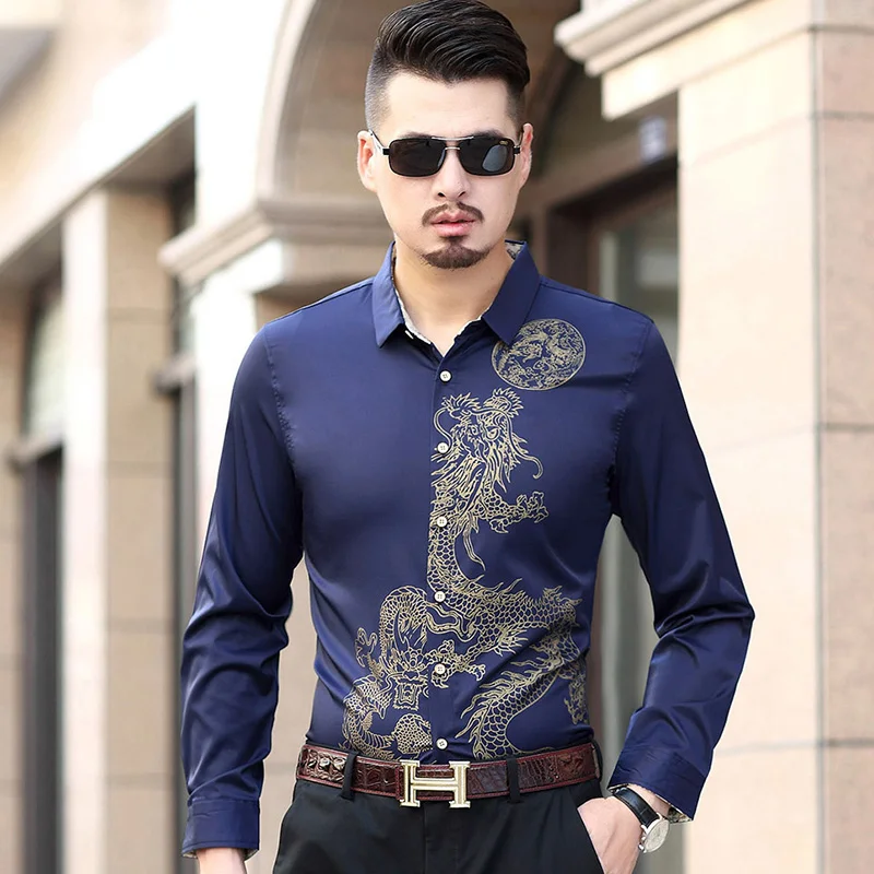 2018 Chinese style Embroidery Chinese Dragon Men Casual Shirt Long