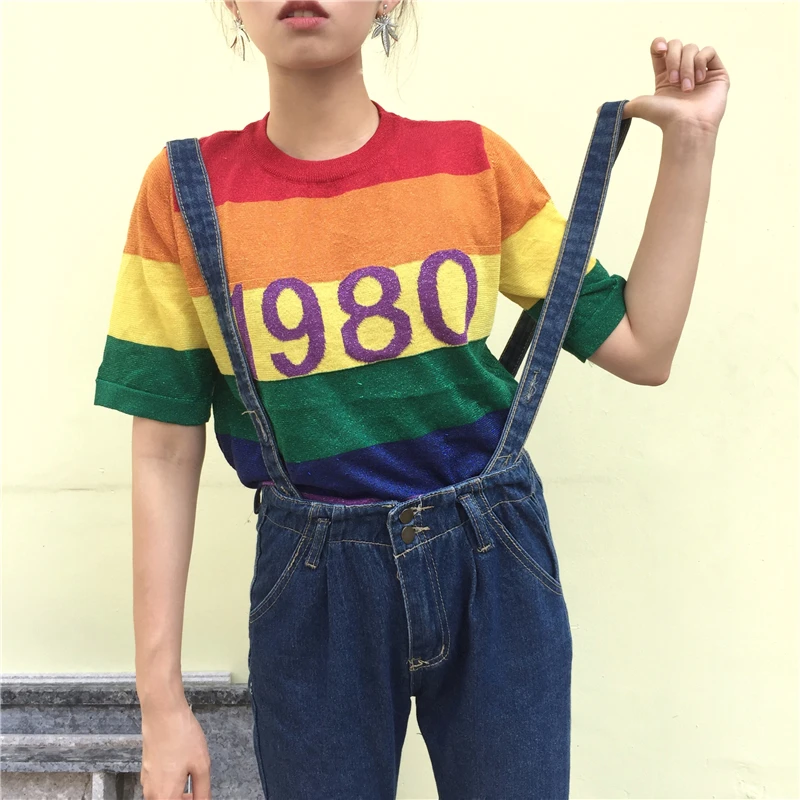 2019 Summer New Fashion Rainbow Striped Women Short Sleeve Knitted Tops Tee Harajuku Sequin Top Camisetas Office Lady | Женская одежда