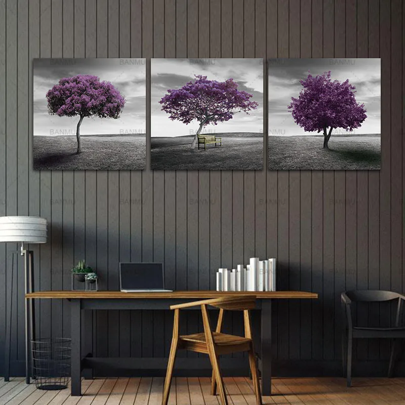 

Wall Art Home Decoration Purple Tree Large Living Room 3 Piece Free Shipping Modern Oil Wall Painting Pictures on Canvas Prints