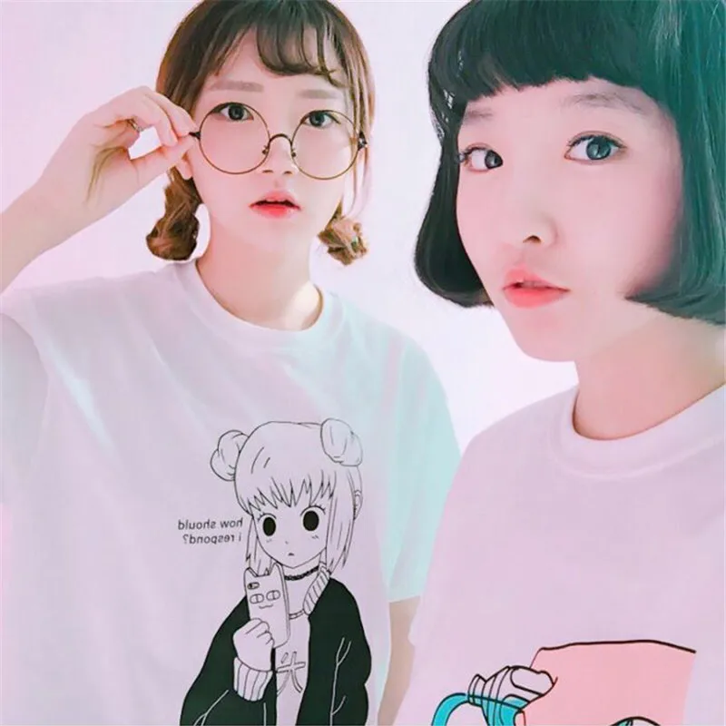 

Janpan Harajuku New Arrival Women Comics Letter T-shirt Female Cartoon Print Casual Shirts O-neck Ulzzang Tops 64732