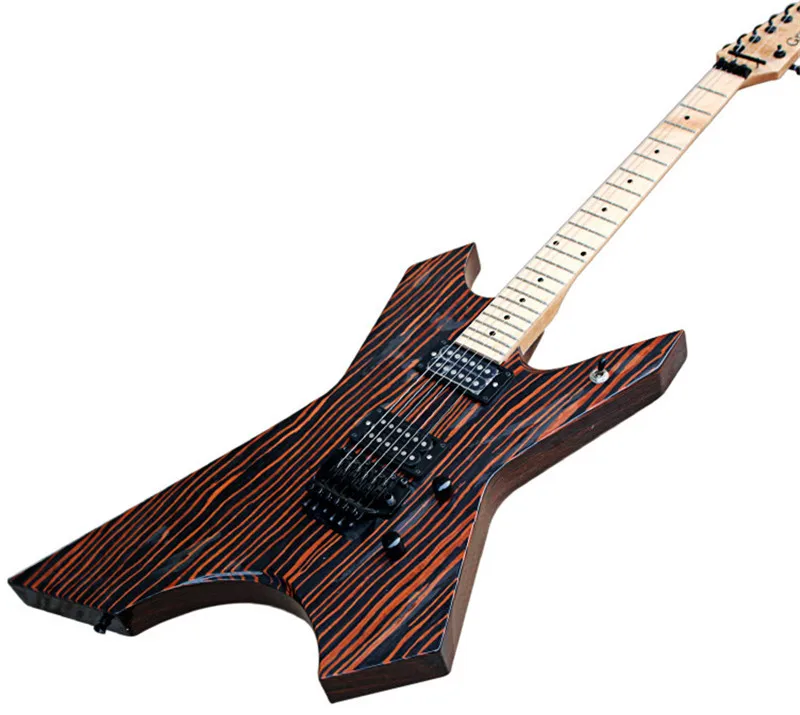 

Wholesale Zebra Wood Unusual Shape Electric Guitar with Tremolo,Maple Fretboard,HH Pickups,can be customized