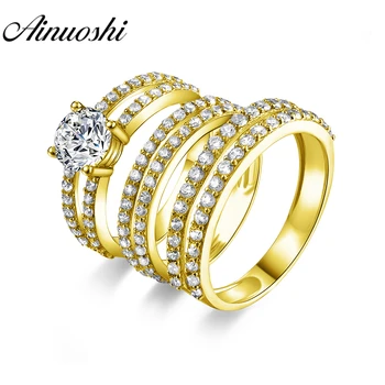 

AINUOSHI Real Gold TRIO Rings 14K Yellow Gold Couple Ring Set Pave Setting Double Band Lovers Engagement Wedding Rings Jewelry