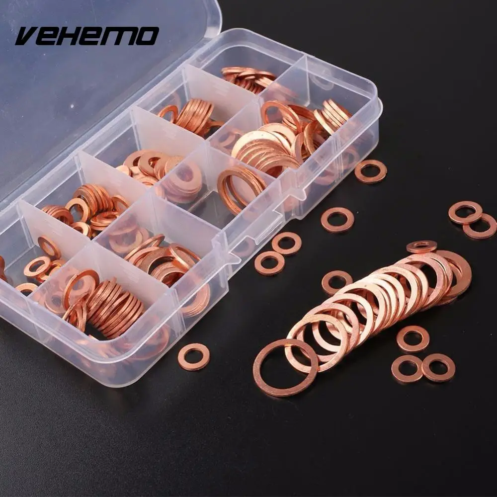 200pcs Solid Copper Washers Sump Plug Assorted Washer Gasket Set Flat