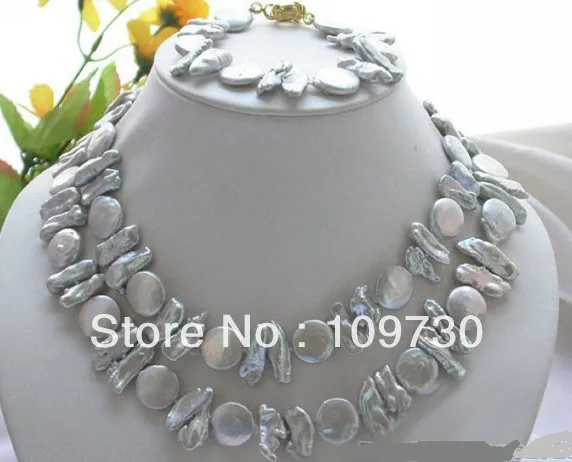 

Jewelry 00498 SET 34" 14MM GRAY COIN BIWA PEARL NECKLACE BRACELET