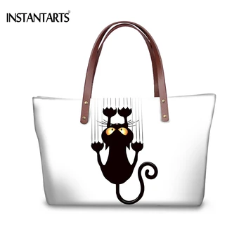 

INSTANTARTS Halloween Black Cat Print Women Tote Bag White Shoulder Bags for Ladies Shopping Brand Travel Large Top Handle Bag