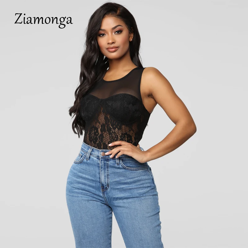 Ziamonga, женское Черное Кружевное боди, сексуальное, без рукавов, с круглым вырезом, топы, Женская Клубная одежда, обтягивающие прозрачные боди