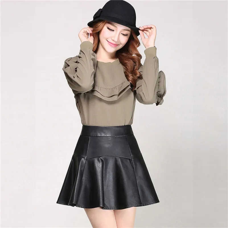 2017 Korean Fashion Style Black PU Leather Skirt Women Vintage High
