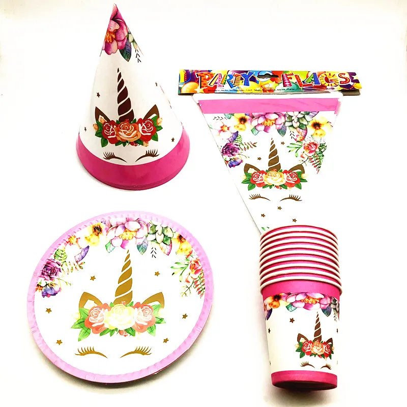

80Pcs New Unicorn Theme Kids Birthday Party Disposable Tableware Sets Paper Plate +Cup+Flag+Cap Decoration Party Supplies