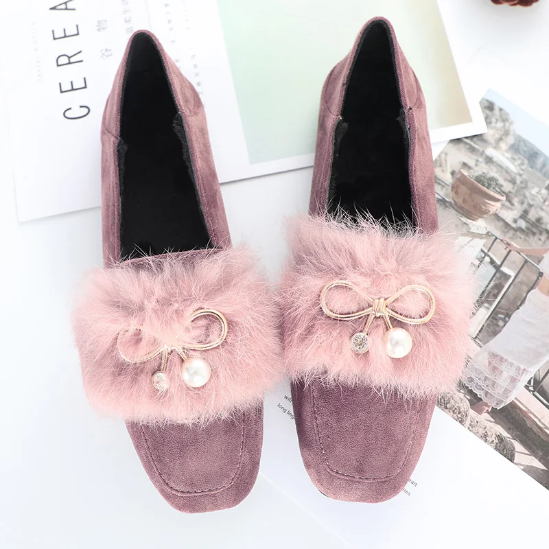 Chaussures Femmes Rose La Fourrure Hyoma De Taille Perle Noir Rouge Zapatos Nouvelle Mujer vin Appartements rose Femme coréen Plus Confortable Strass Noir TqrST76
