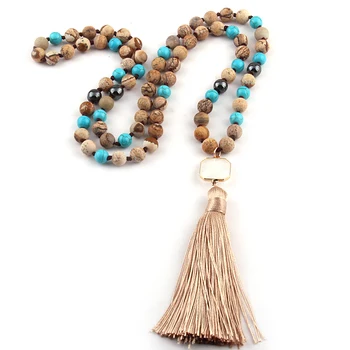 

Free Shipping Fashion Bohemian Tribal Jewelry Semi Precious Stones Long Knotted Stone Beige Tassel Necklaces