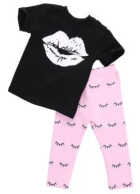 Kids Baby Girls summer clothes set 2pcs suit Lips Tops and eyelash Pink Pant children's clothing sets