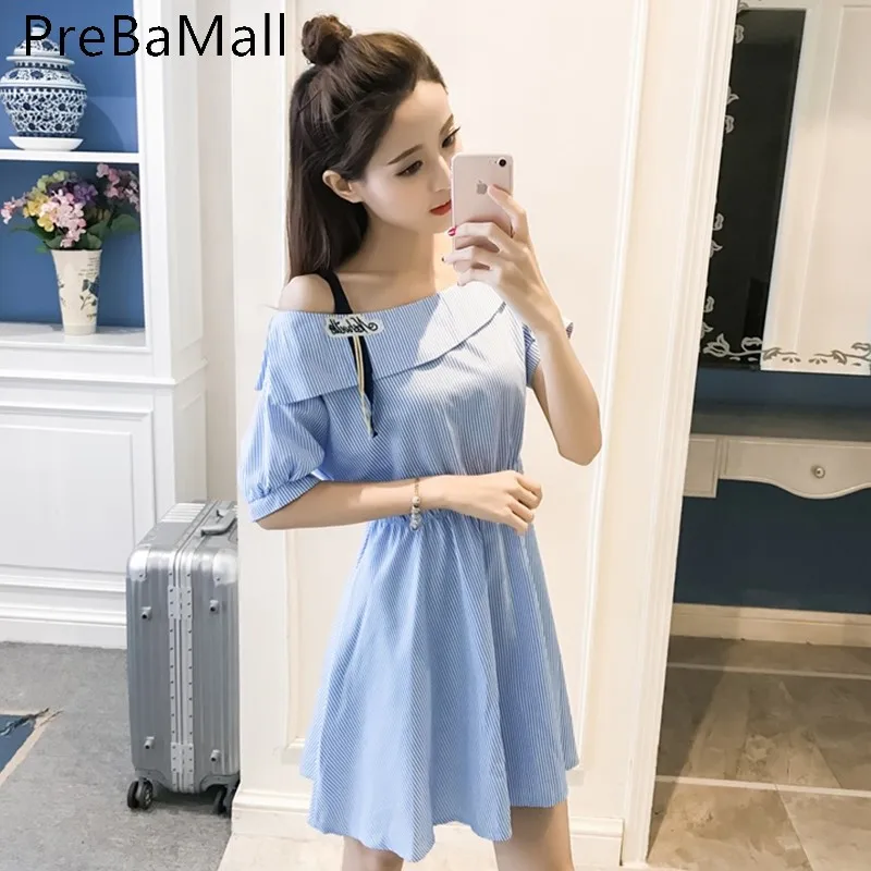 2019 Fashion Striped Women Dress Hollow Out Sleeve Summer Casual Mini Dress Chiffon Defined Waist Dresses Vestidos C195