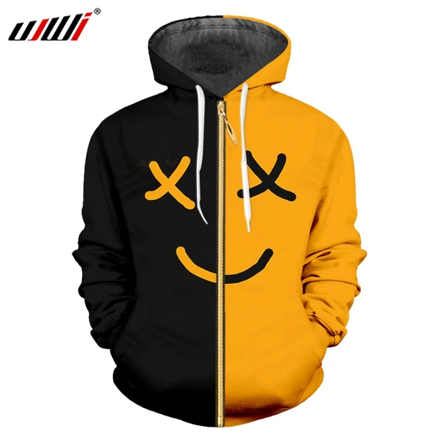 UJWI Man Smiley Face Sports Zip Hoodies 3D Printed Black