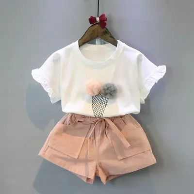 2PCS Toddler Kids Baby Girls Outfits Blouse T-shirt Tops Short Pants Clothes Set