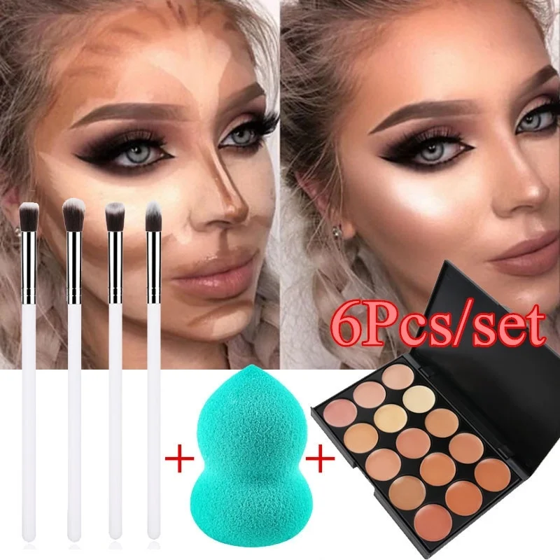 

6 Pcs/set MakeUp Brushes Kit 15 Colors Concealer Palette Sponge Puff Makeup Set Kits Pro Facial Contour Palette