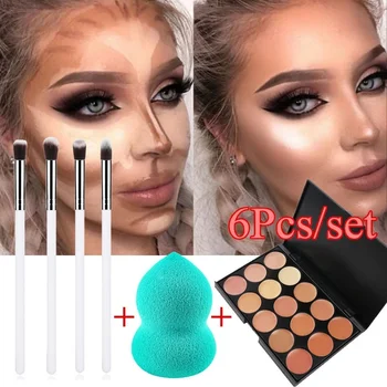 

6 Pcs/set MakeUp Brushes Kit 15 Colors Concealer Palette Sponge Puff Makeup Set Kits Pro Facial Contour Palette
