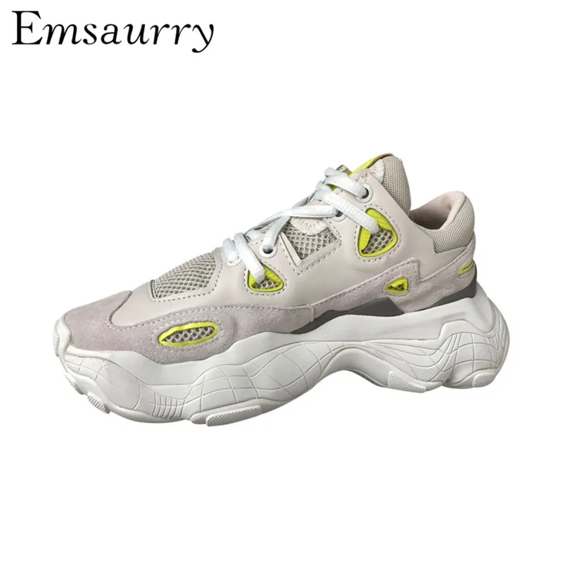 2019 Turnschuhe Frau Frühling Dicken gebunden Mischfarbe Beiläufige Kappe Flatform Grey Kreuz Trainer Mesh Boden Air Schuhe yellow Neue Green Runde SIrAaI