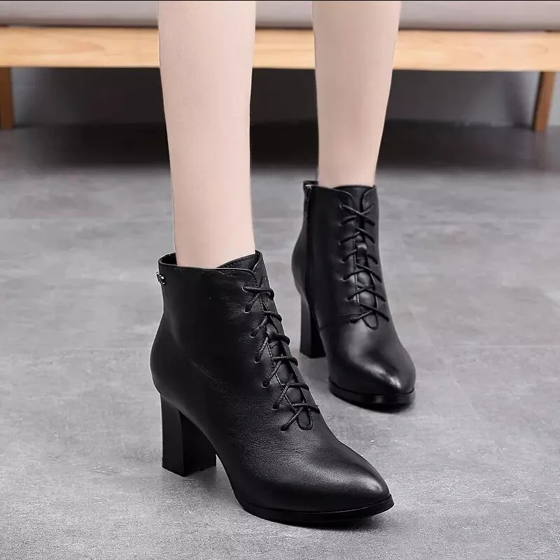 

Cow Leather Bootie Woman Platform Heels Women Ankle Boots Soft Leather Thick High Heel Platform Boots Autumn Boots Warm Fur