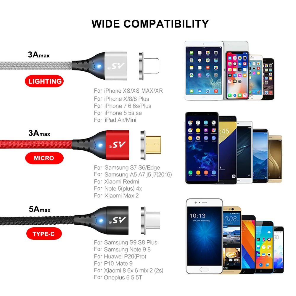 A.S 3A LED магнитное зарядное устройство USB кабель для передачи данных iPhone Micro Type C