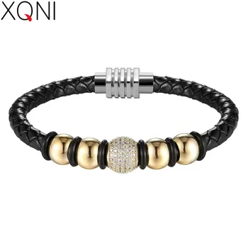 XQNI New Design Genuine Leather 4 Colors Ball Stainless Steel Inlaid Cubic Zircon Bracelet With Velvet Bag Gift Packing Jewelry