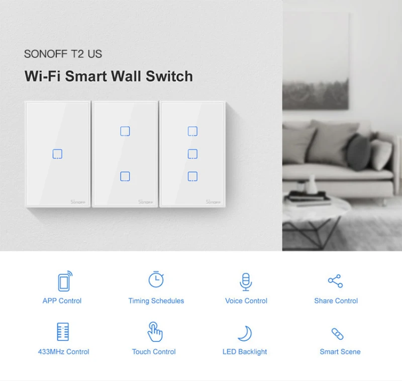 SONOFF T2 US EU UK TX Basic Smart Wifi Touch Wall Light Switch With Border Smart Home 433 RF/Voice/APP Control Works With Alexa