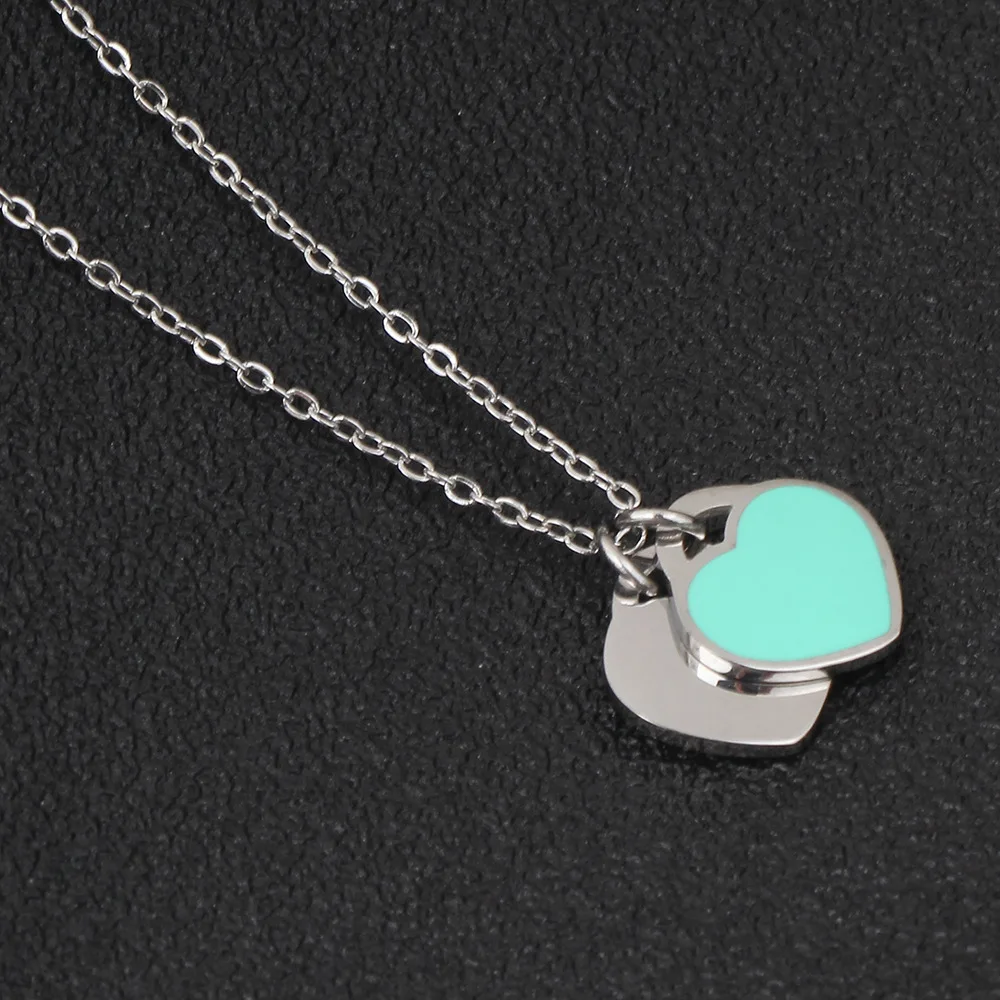 AMORUI Women Heart Pendants Necklace Stainless Steel Blue Silver Women Pendant Necklace Fashion Trendy Femme Chain Necklaces