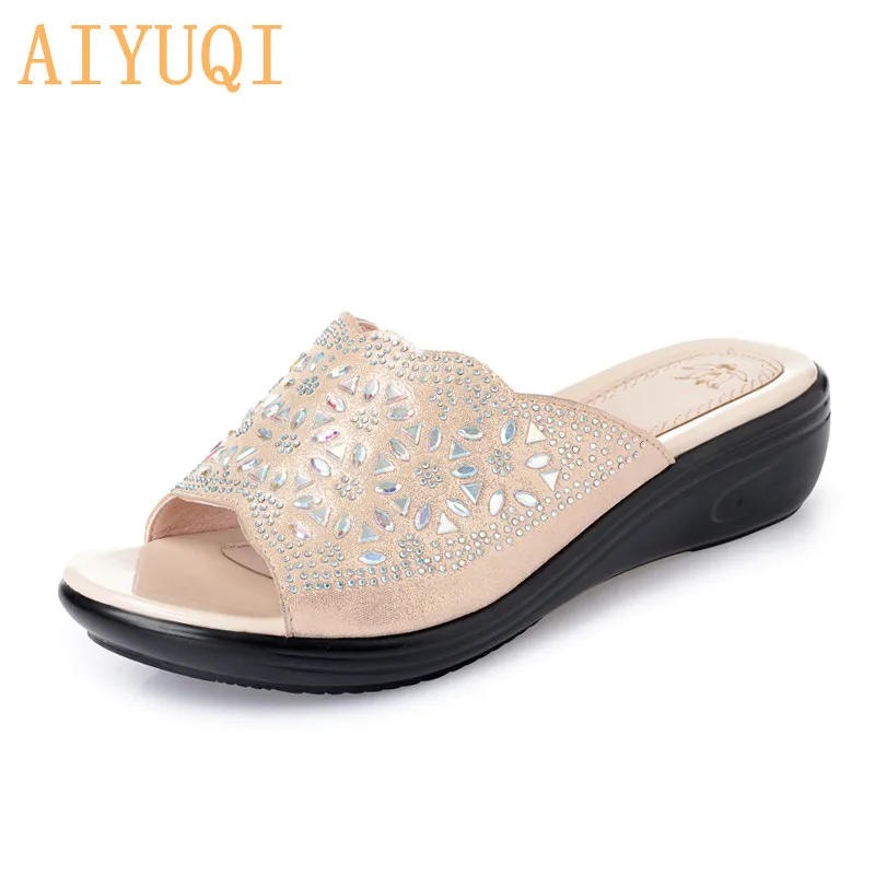 

AIYUAI Women's Slippers wedge 2019 new rhinestone large size women's sandals fashion shiny female slippers mother shoes