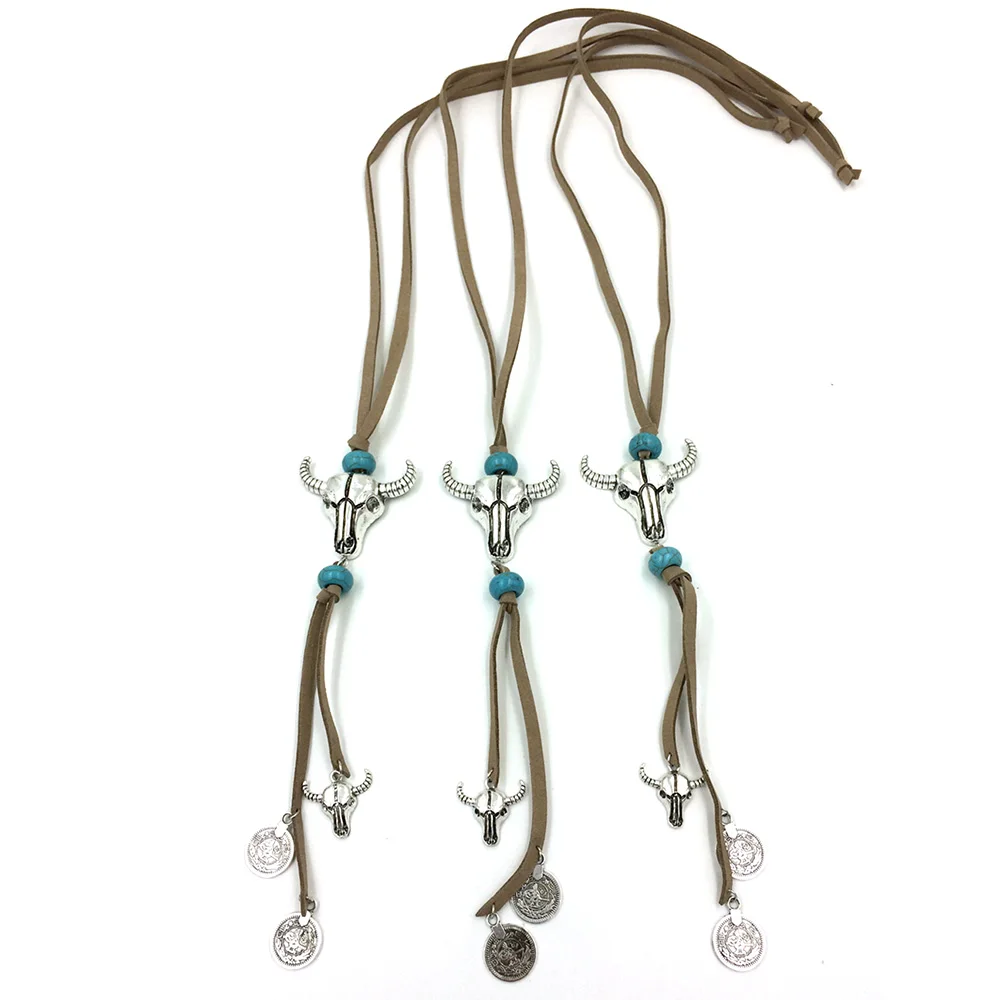 2017 New Ethnic Tibet Silver Bull Skeleton Tauren Vintage Jewelry Leather Long Necklace taurus Pendants tassel charms necklace