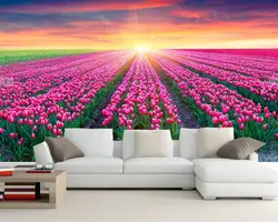 Пользовательские 3d росписи, поля тюльпаны восходы и закаты цветы обои, обои, гостиная диван ТВ стены спальня Papel де Parede