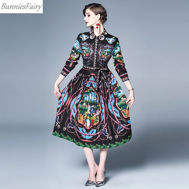 

BunniesFairy 2019 Spring Women Vintage Retro Tropical Animals Floral Print Black Long Sleeve Pleated Midi Dress Ribbon Bow Tie