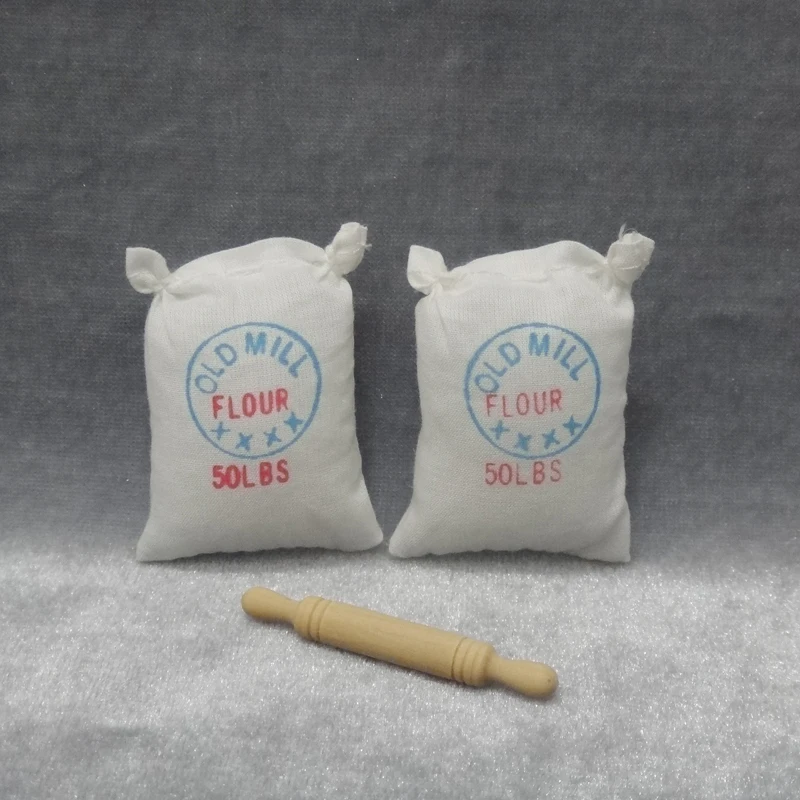 

12pcs Dollhouse Miniatures 1:12 Doll House DIY Hut Doll House Mini Food Accessories Model two Bags Flour And Rolling Pin Toy