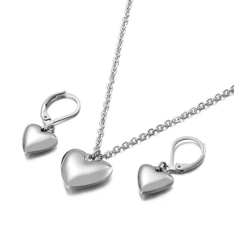 Cute Heart Stainless Steel Bridal Jewelry Sets Necklace Drop Earrings Accessories Set For Women Wedding Gift - Окраска металла: Steel