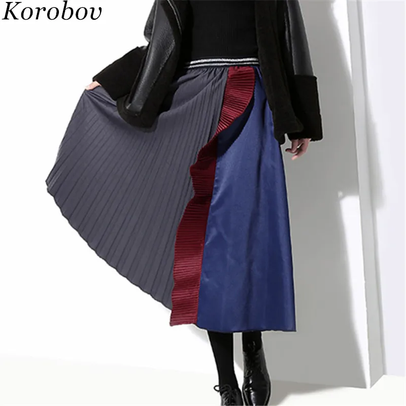Korobov Винтаж плиссированные Лоскутные Летние женские юбки оборки основы Высокая талия А-силуэт Женская юбка Лето 76970