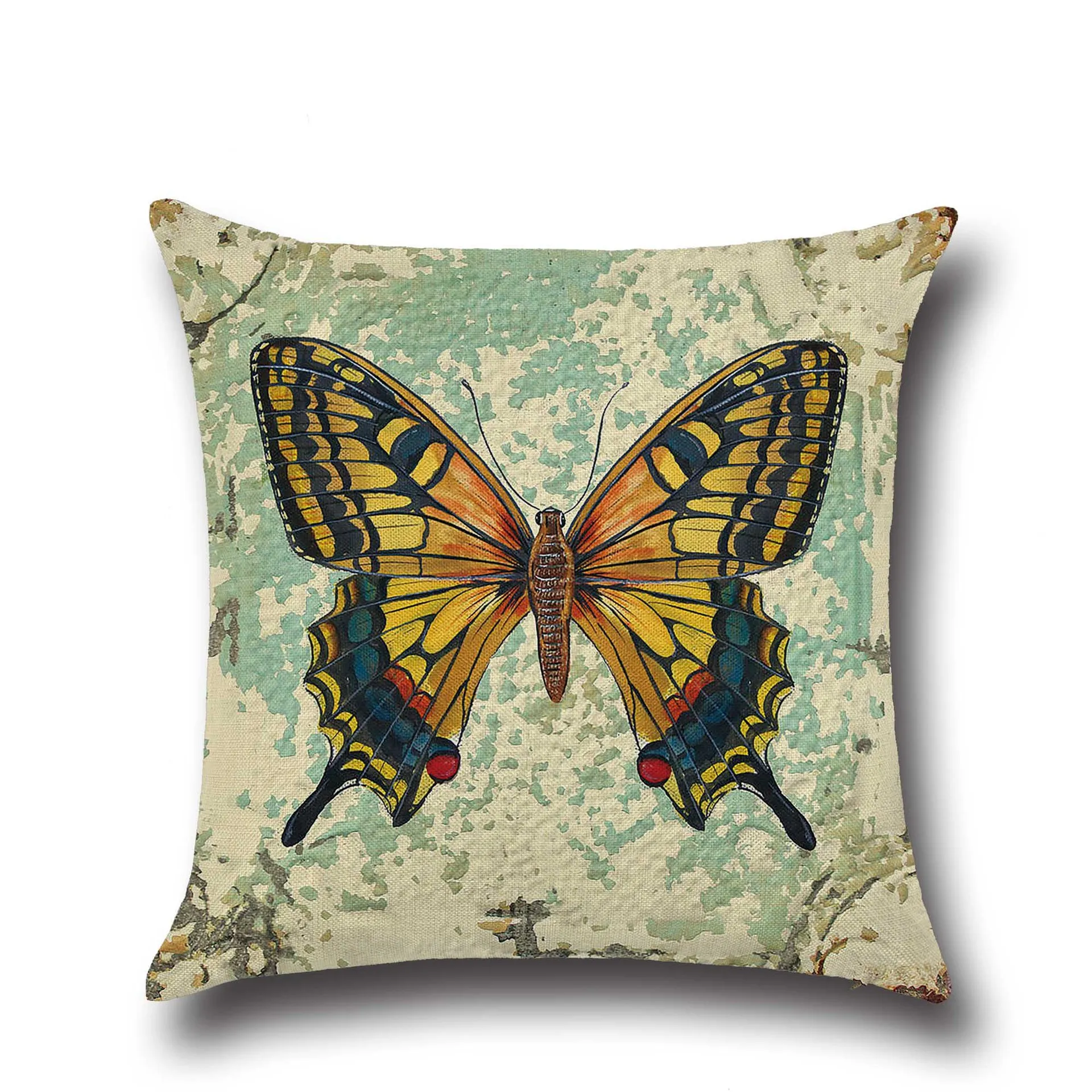 Grass Flower Butterfly Print Cushion Cover Vintage Letter Square Hug Pillowcase Lunch Break Comfortably Pillow Case 18inx18in
