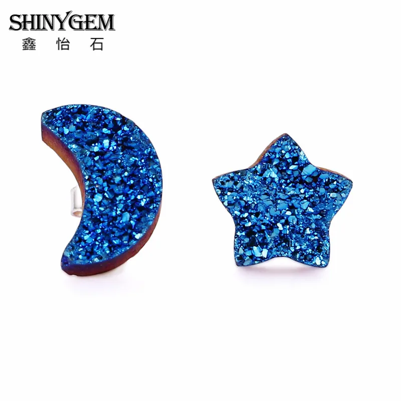 Серьги гвоздики ShinyGem 10 мм Druzy асимметричные серьги с Луной и звездой сверкающие