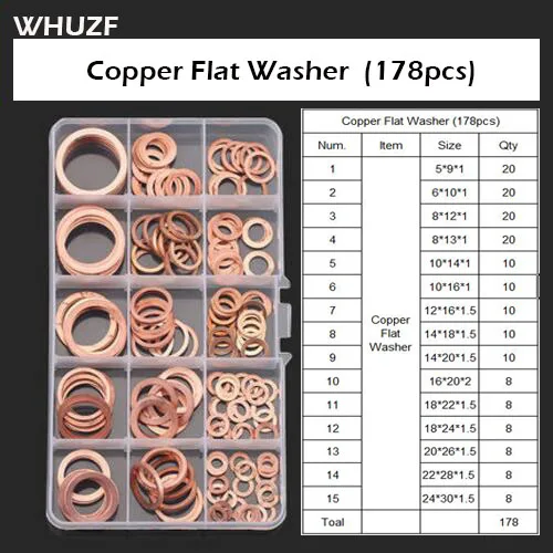 Goedkoop 178 Pcs M5 M24 Professionele Diverse Koper Washer Pakking Set Kit Platte Ring Afdichting Assortiment Kit Met Doos Voor Hardware Accessoires